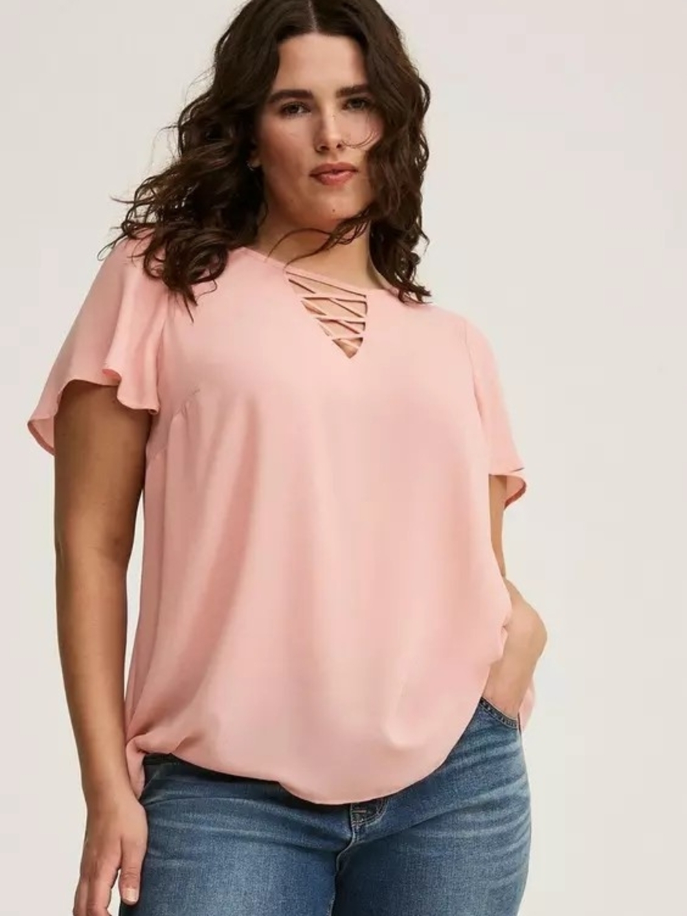GUC Torrid Georgette Lattice V-Neck Flutter Sleeve Blouse- Size 2x